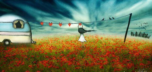 Tyttö ripustaa sydämet kuivumaan riippuvaisuus suhteessa