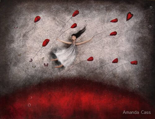 Nainen lentää kukkien kanssa