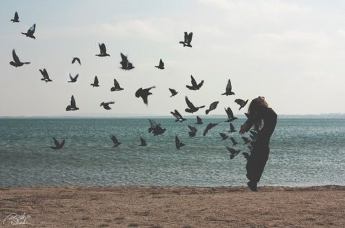 nainen ja linnut rannalla
