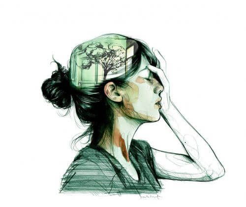 naisella puu päässä