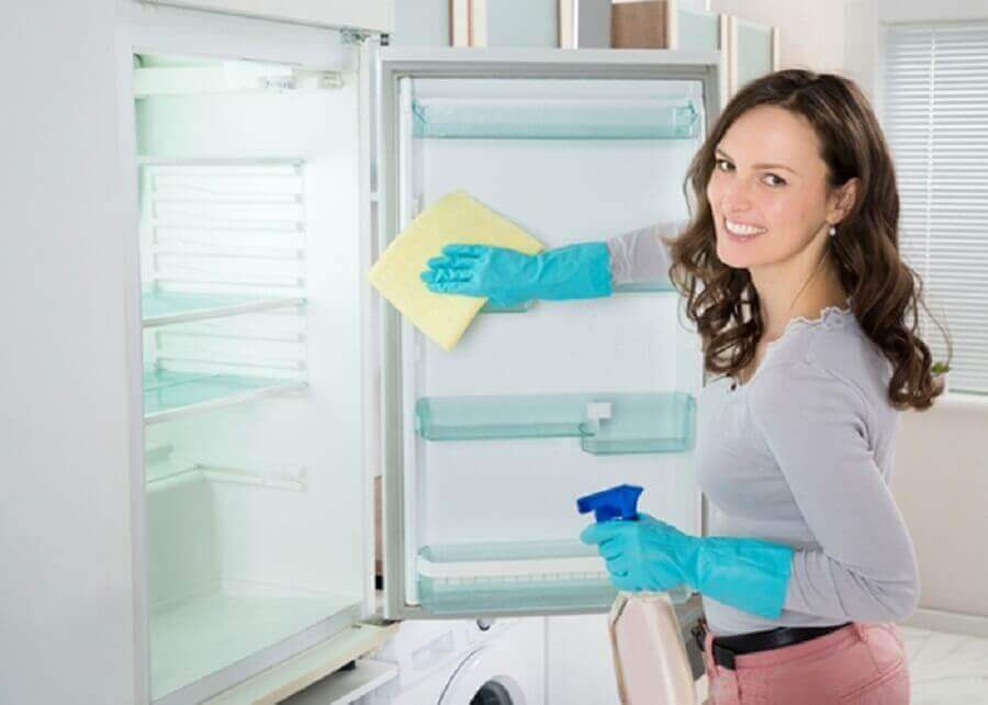 nainen on valmistanut parasta siivousainetta ja siivoaa nyt jääkaappia