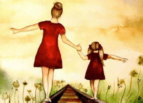 äiti ja tytär rautatiellä
