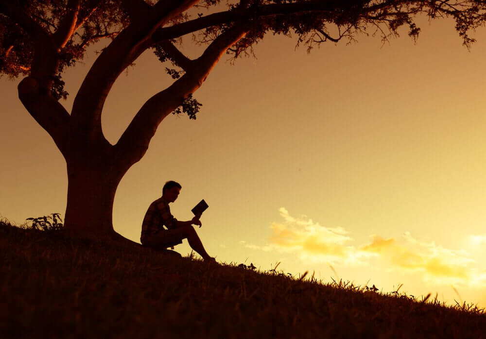 mies lukee kirjaa puun alla