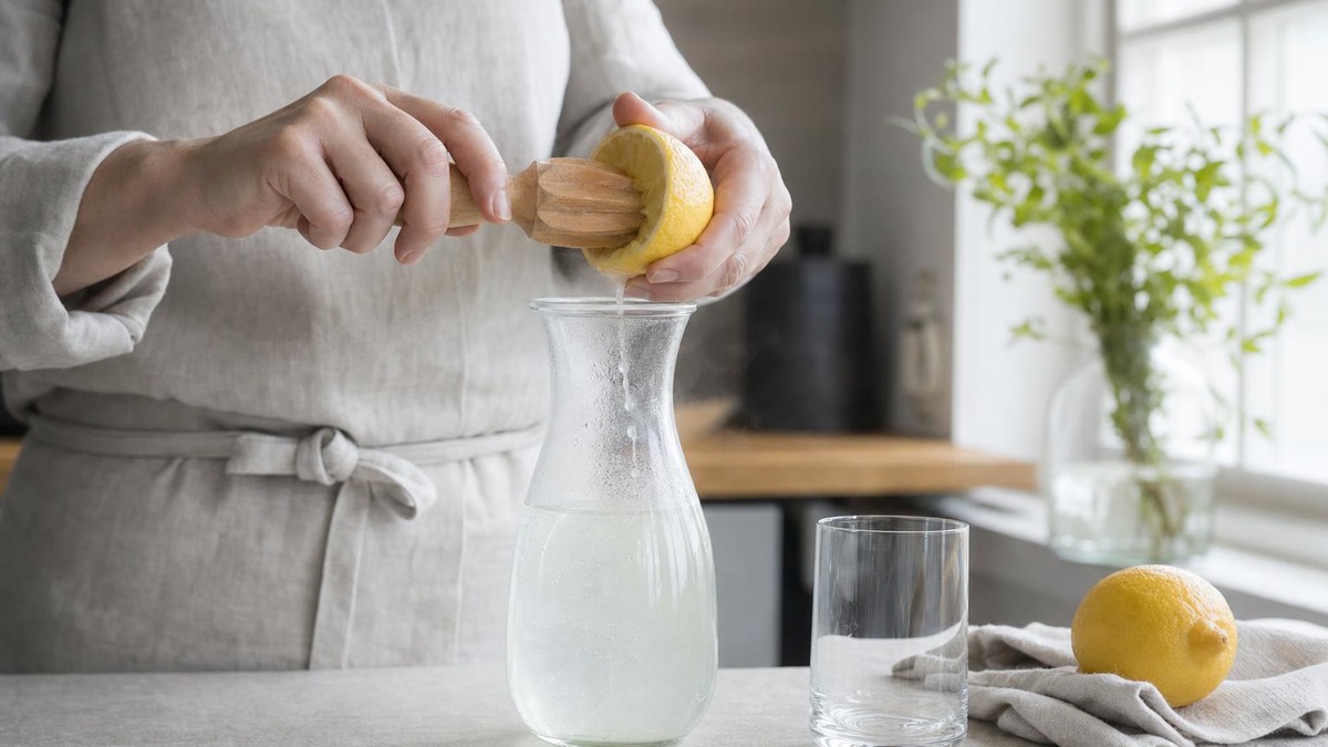 Kädet puristavat tuoretta sitruunaa lämpimällä vedellä täytettyyn lasikannuun