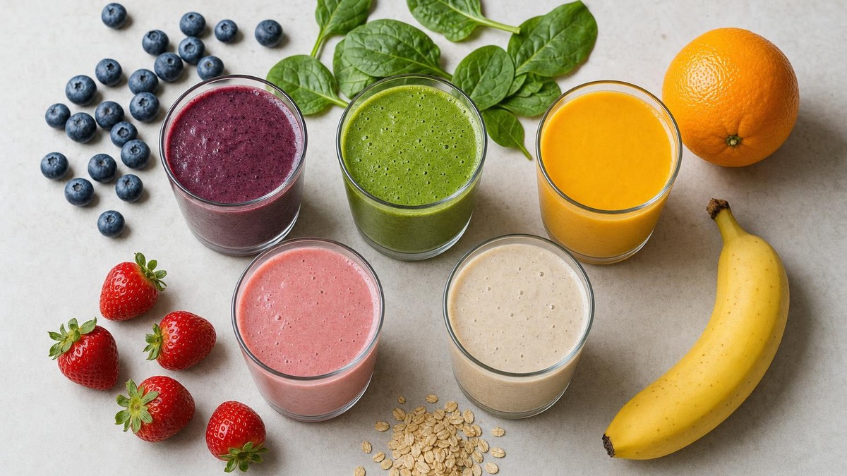 Viisi eriväristä smoothieta sekä kokonaisia hedelmiä ja vihanneksia vaalealla pöydällä