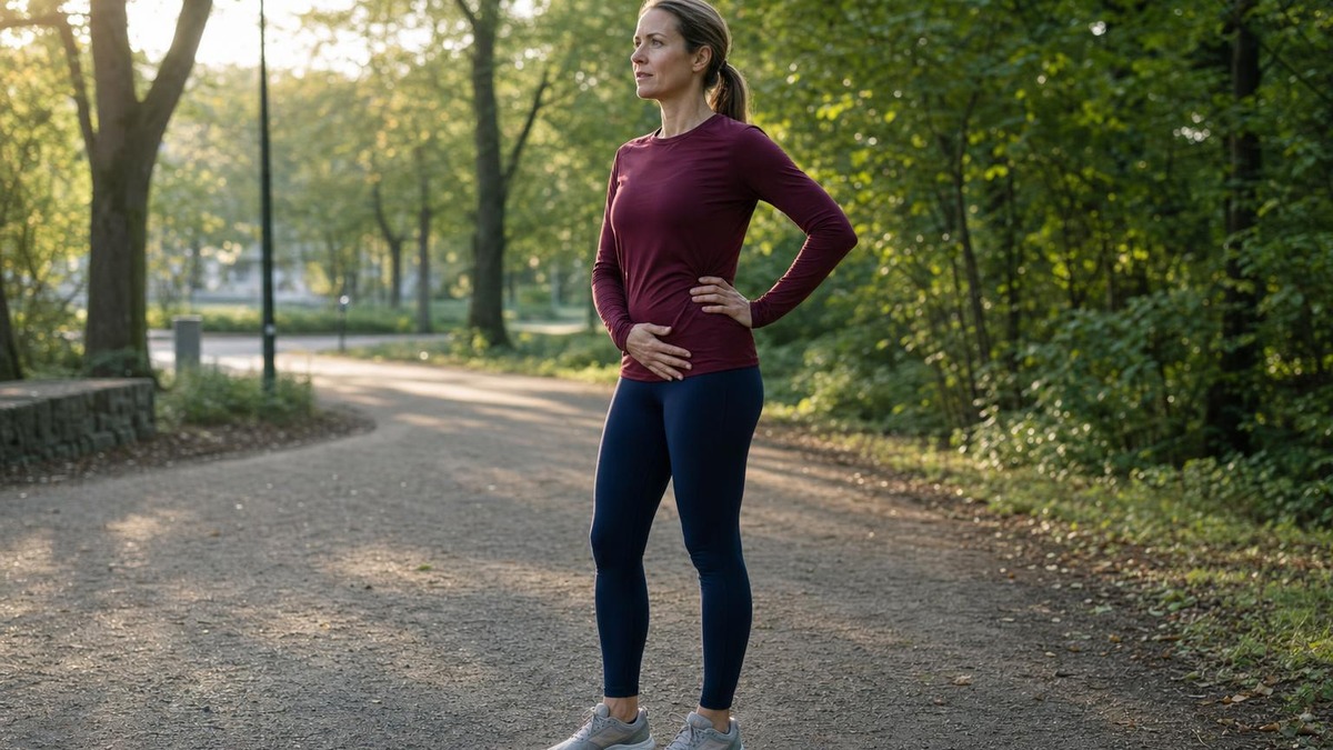 Nainen pitää kättään alavatsalla pysähdyttyään juoksulenkillä puistoon