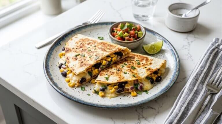 Paistettua maissia, mustapapuja ja juustoa sisältävät quesadillat
